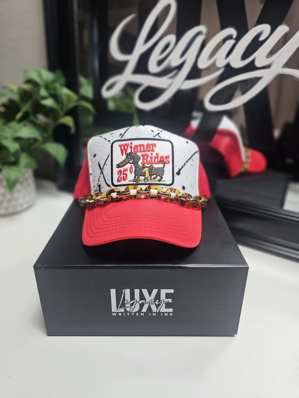 Custom Wiener Rides Red & White Trucker Hat with Tortoiseshell Chain